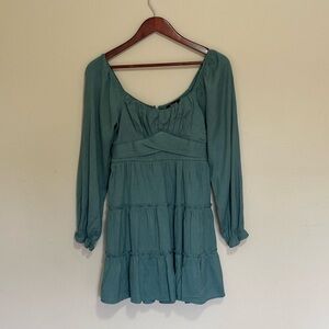 Cottagecore Sage Green Long Sleeve Tiered Mini Dress